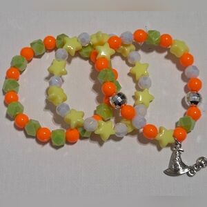 Hand Crafted Witch's Hat Charm Kids Bracelet Set - Orange, Yellow, Green